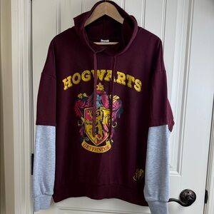 Harry Potter Hogwarts Gryffindor Pullover Hoodie Maroon Gray Sleeves Men's Sz L